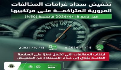 “المرور”: المخالفات التي تشكل خطرًا على السلامة العامة تمنع الاستفادة من تخفيض الـ50%